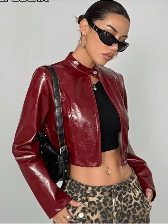 SHEIN Jackets & Blazers - SHEIN Burgundy Cropped Faux Leather Jacket